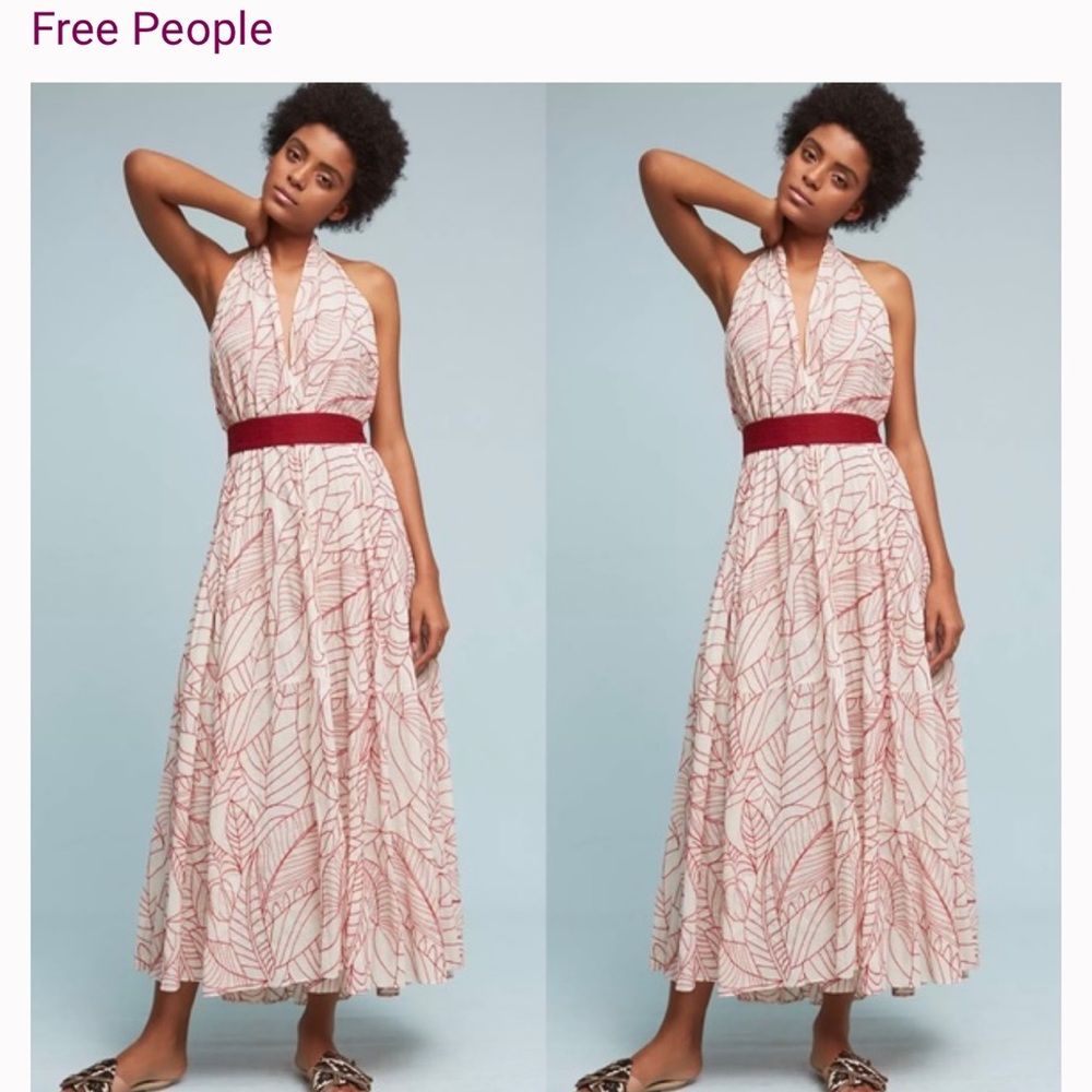 Anthropologie Red and Cream Leaf Print Maxi Dress
